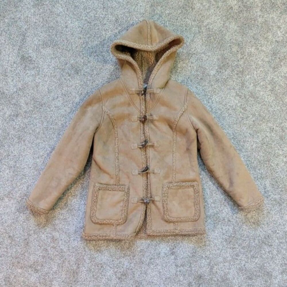 Vintage L.L. Bean Faux Shearling Hooded Coat S Small - Suede Toggle Parka
